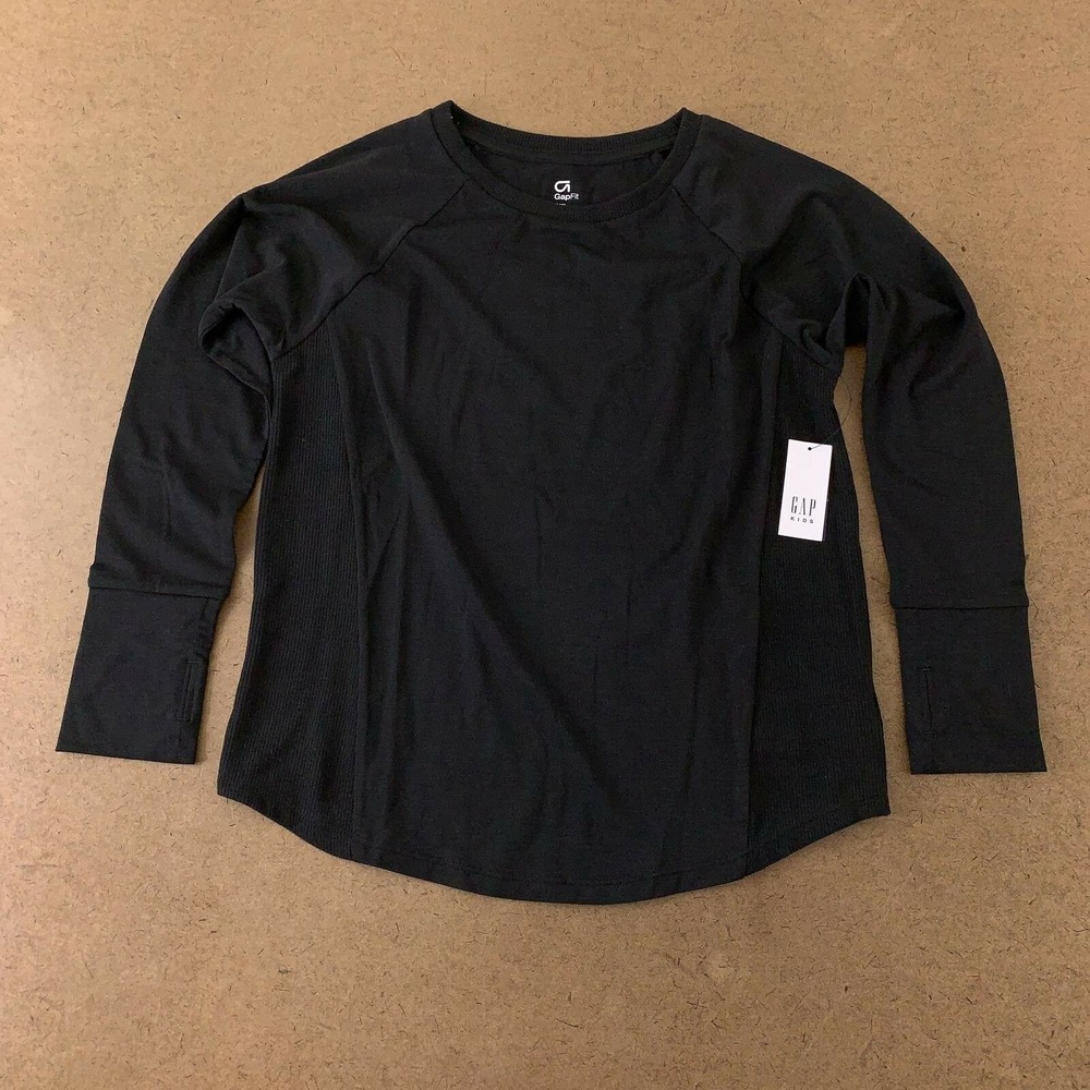 Gap Dry Girls Raglan T-Shirt Black Ribbed Crew Neck Long Sleeve Pullover S New